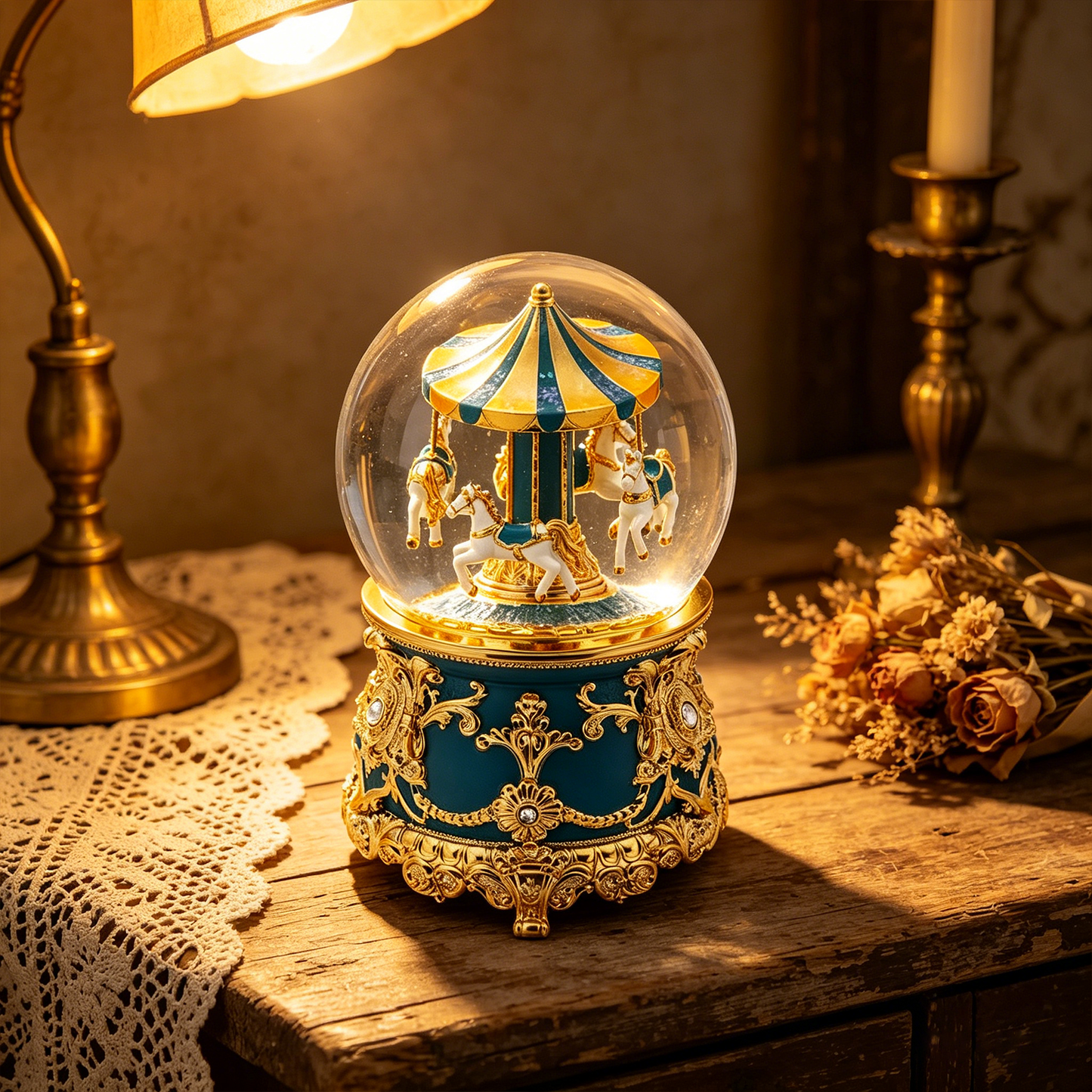 Celestial Serenade™ Teal Gold Carousel Snow Globe Music Box
