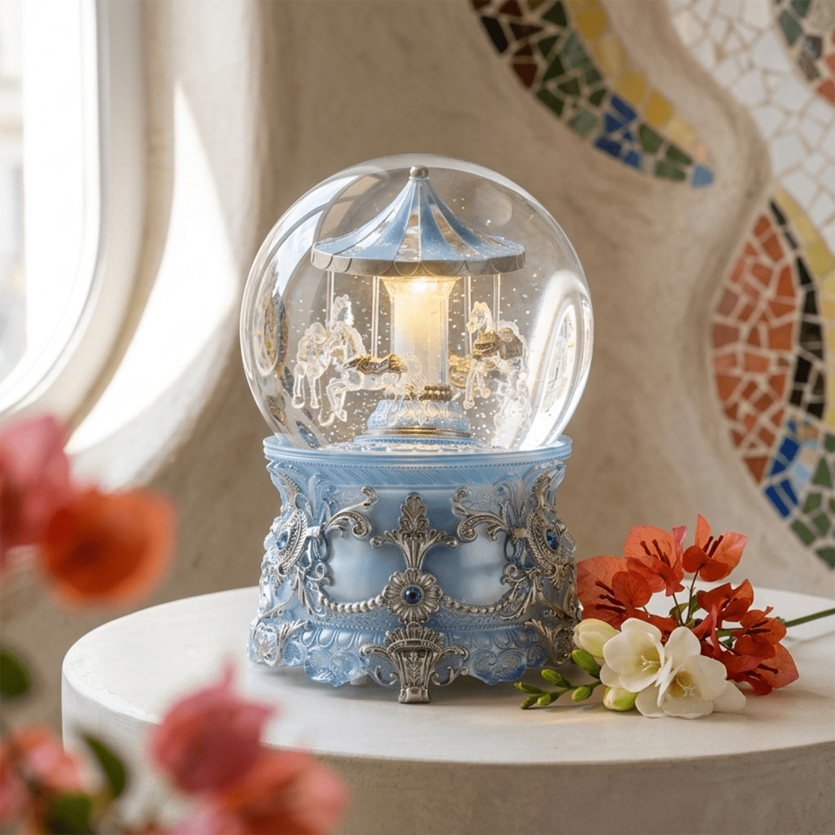 Celestial Serenade™ Moonlight Blue Carousel Snow Globe Music Box Music Box | Celestial Serenade | Gift & Desk Decor