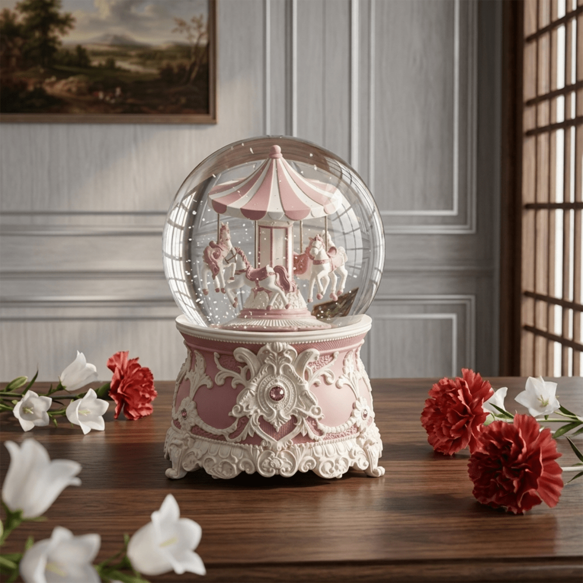 Celestial Serenade™ Pink Carousel Snow Globe Music Box Music Box | Celestial Serenade | Gift & Desk Decor