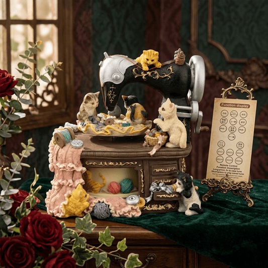 Celestial Serenade | Vintage Cat Sewing Machine Rotating Music Box with Sankyo Movement, Hand - Painted Resin Decor Music Box | Celestial Serenade | Gift & Desk Decor