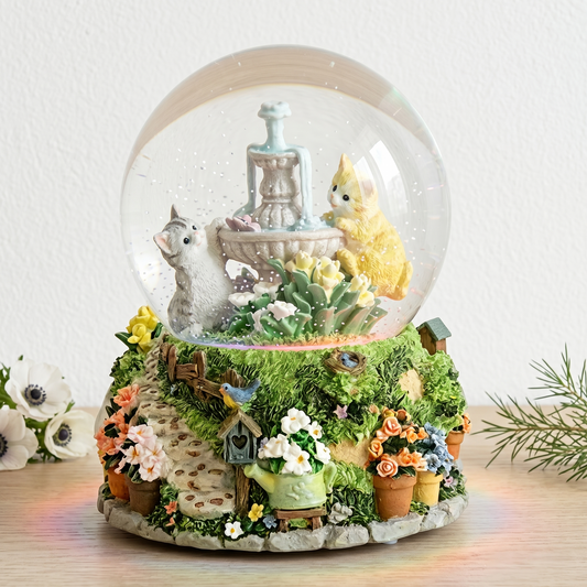 Cottage Garden Kitten Musical Rotating Snow Globe | Color LED Decor Gift