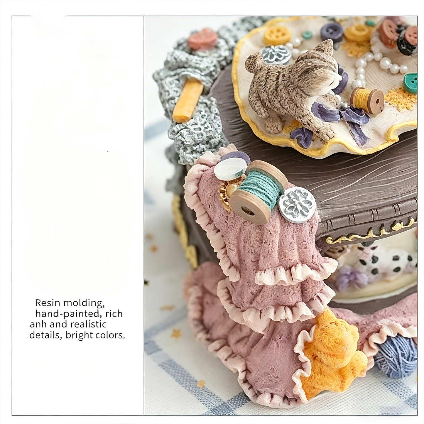 Celestial Serenade | Vintage Cat Sewing Machine Rotating Music Box with Sankyo Movement, Hand-Painted Resin Decor