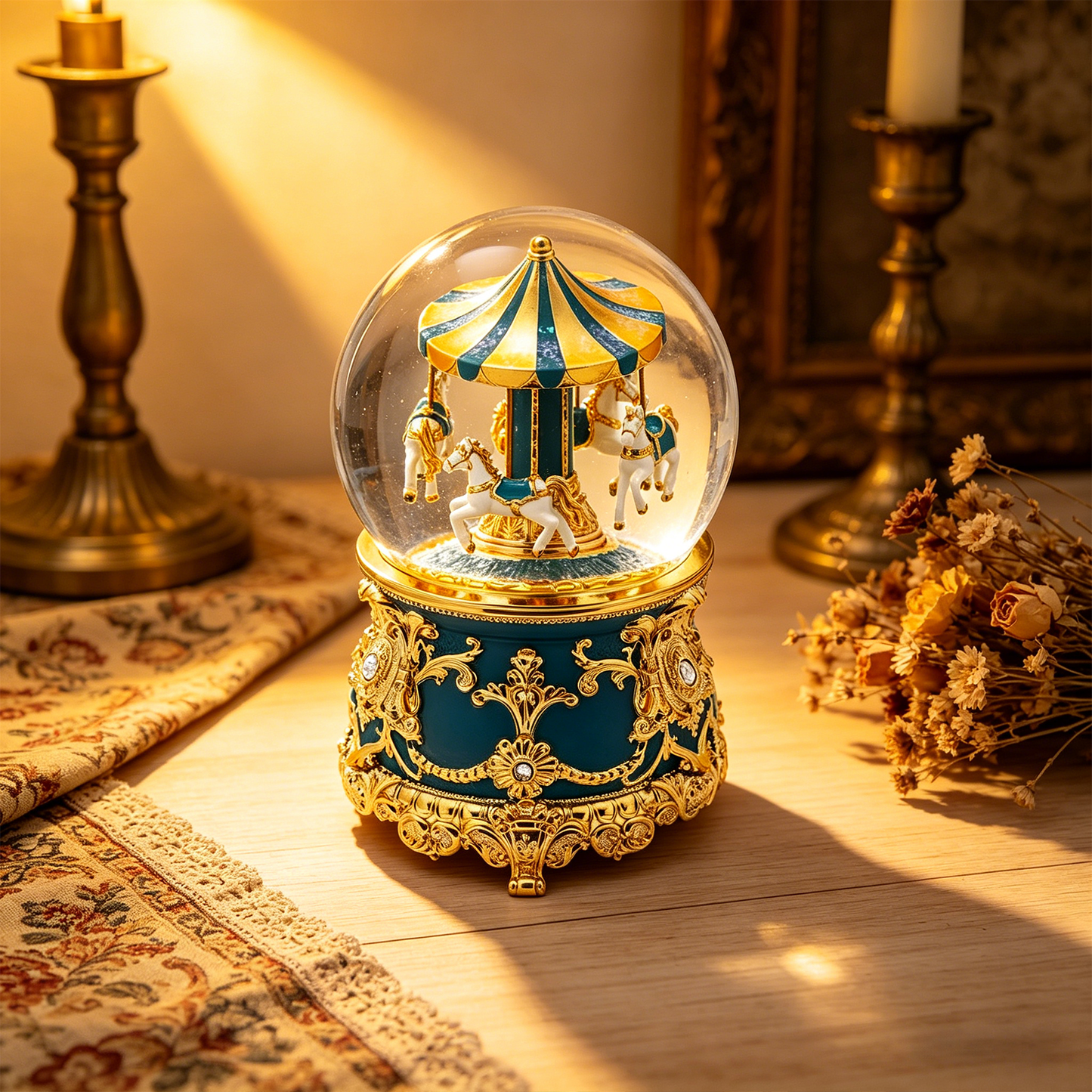 Celestial Serenade™ Teal Gold Carousel Snow Globe Music Box