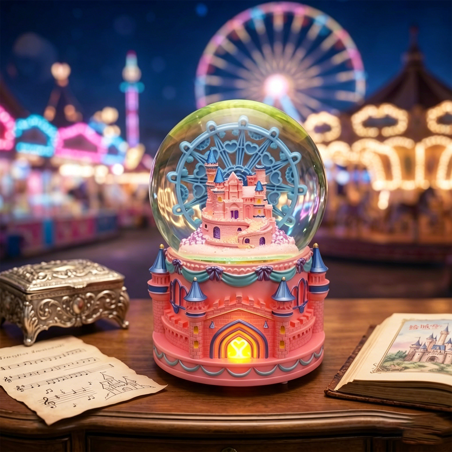 Celestial Serenade™ Bluetooth Castle Snow Globe Rotating Ferris Wheel Music Box