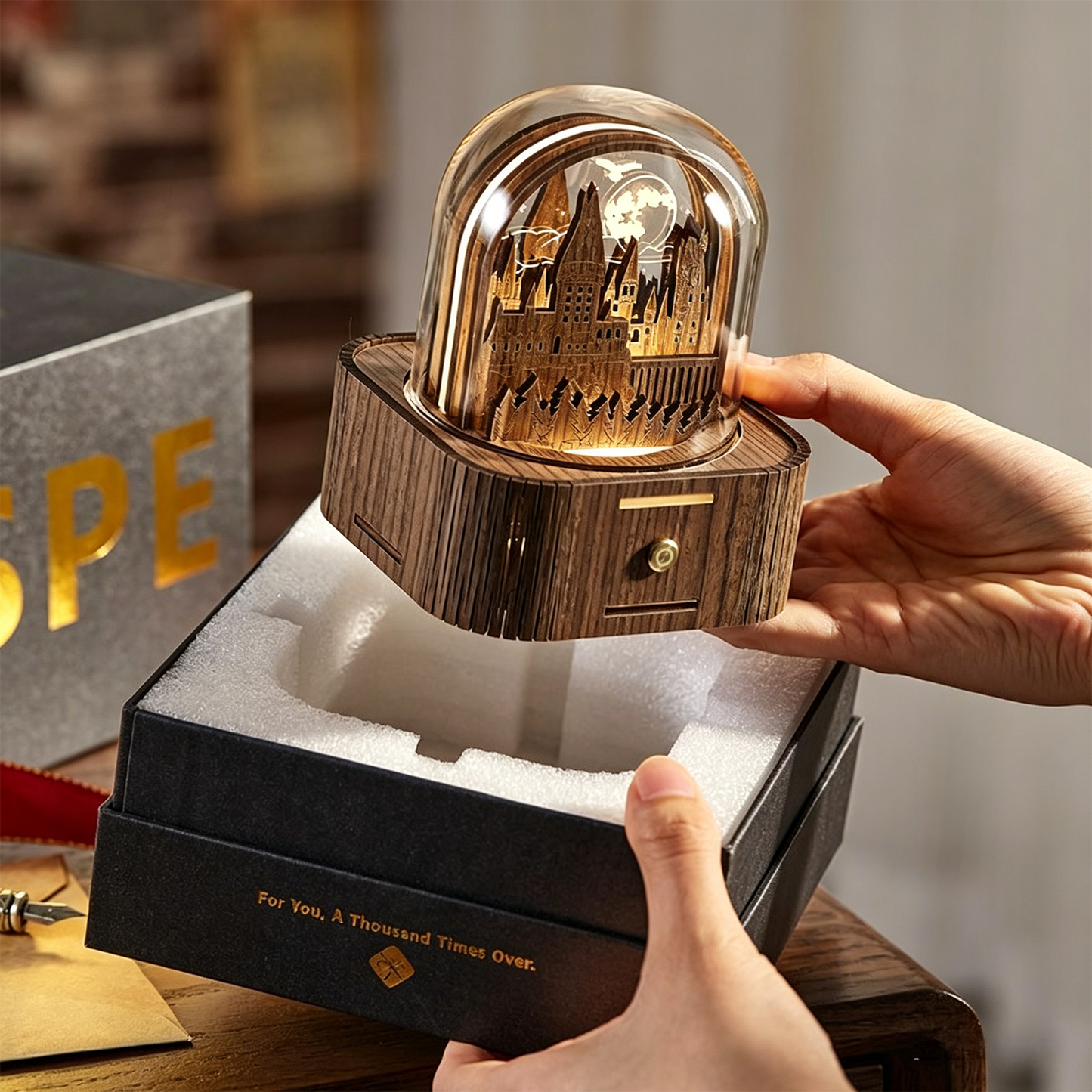 Celestial Serenade | Hogwarts Castle 3D Wooden Music Box with LED Night Light