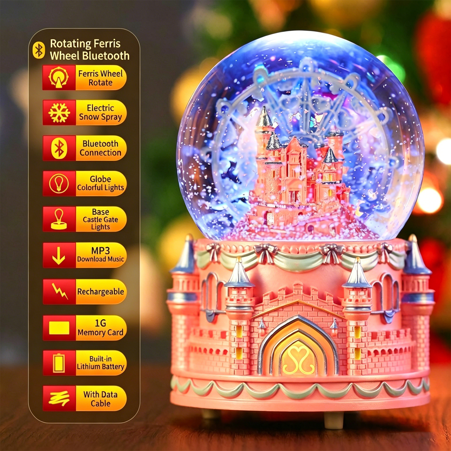 Celestial Serenade™ Bluetooth Castle Snow Globe Rotating Ferris Wheel Music Box