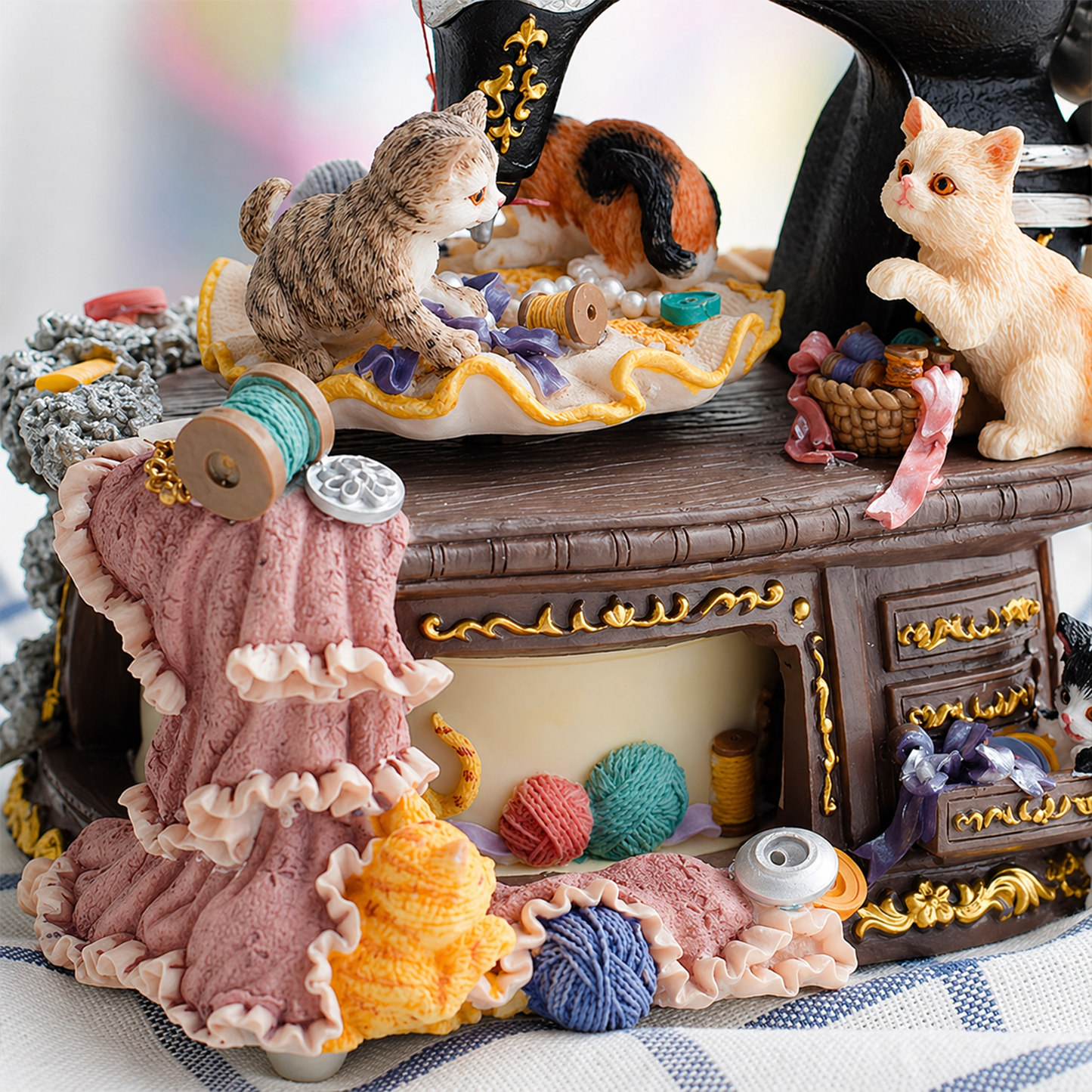 Celestial Serenade | Vintage Cat Sewing Machine Rotating Music Box with Sankyo Movement, Hand-Painted Resin Decor