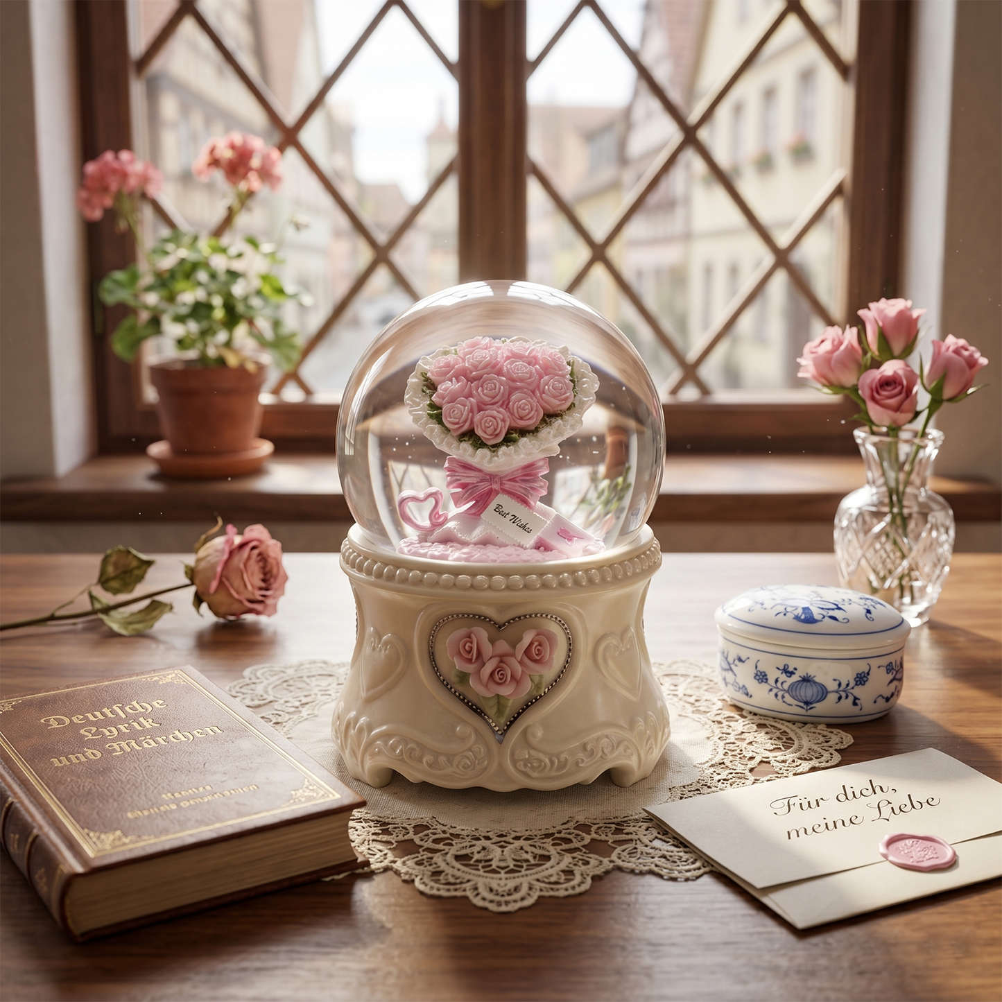 Celestial Serenade™ | Pink Rose Bouquet Snow Globe Music Box