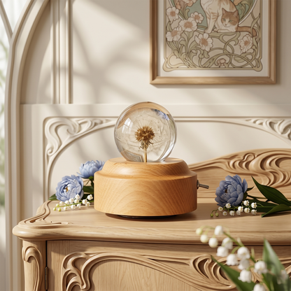 Celestial Serenade™ | Dandelion Crystal Ball Music Box | Wooden Base Musical Box