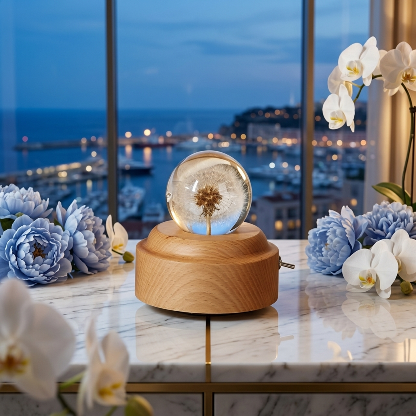 Celestial Serenade™ | Dandelion Crystal Ball Music Box | Wooden Base Musical Box