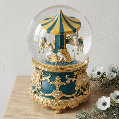 Celestial Serenade™ Teal Gold Carousel Snow Globe Music Box