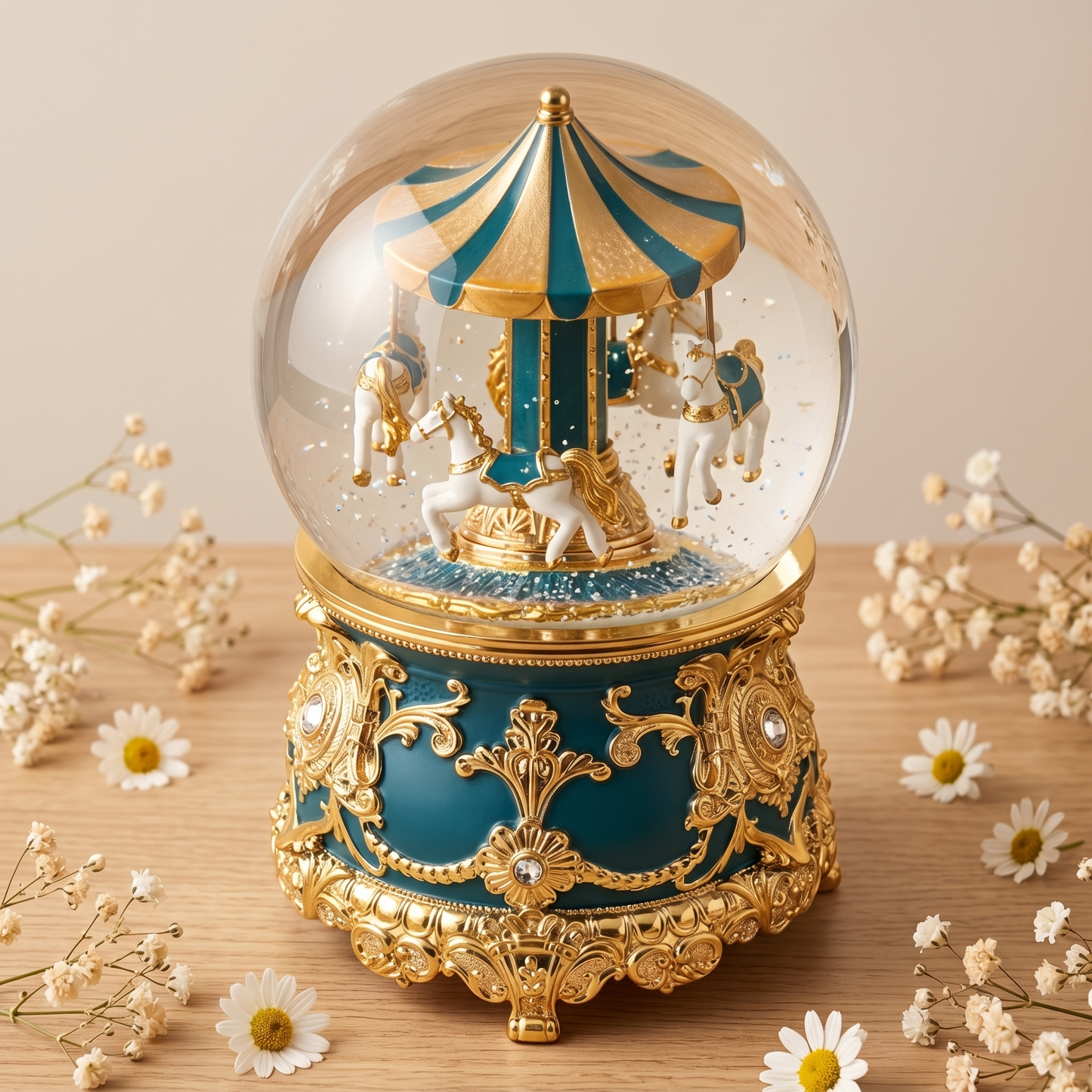 Celestial Serenade™ Teal Gold Carousel Snow Globe Music Box