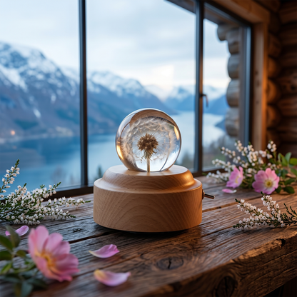 Celestial Serenade™ | Dandelion Crystal Ball Music Box | Wooden Base Musical Box