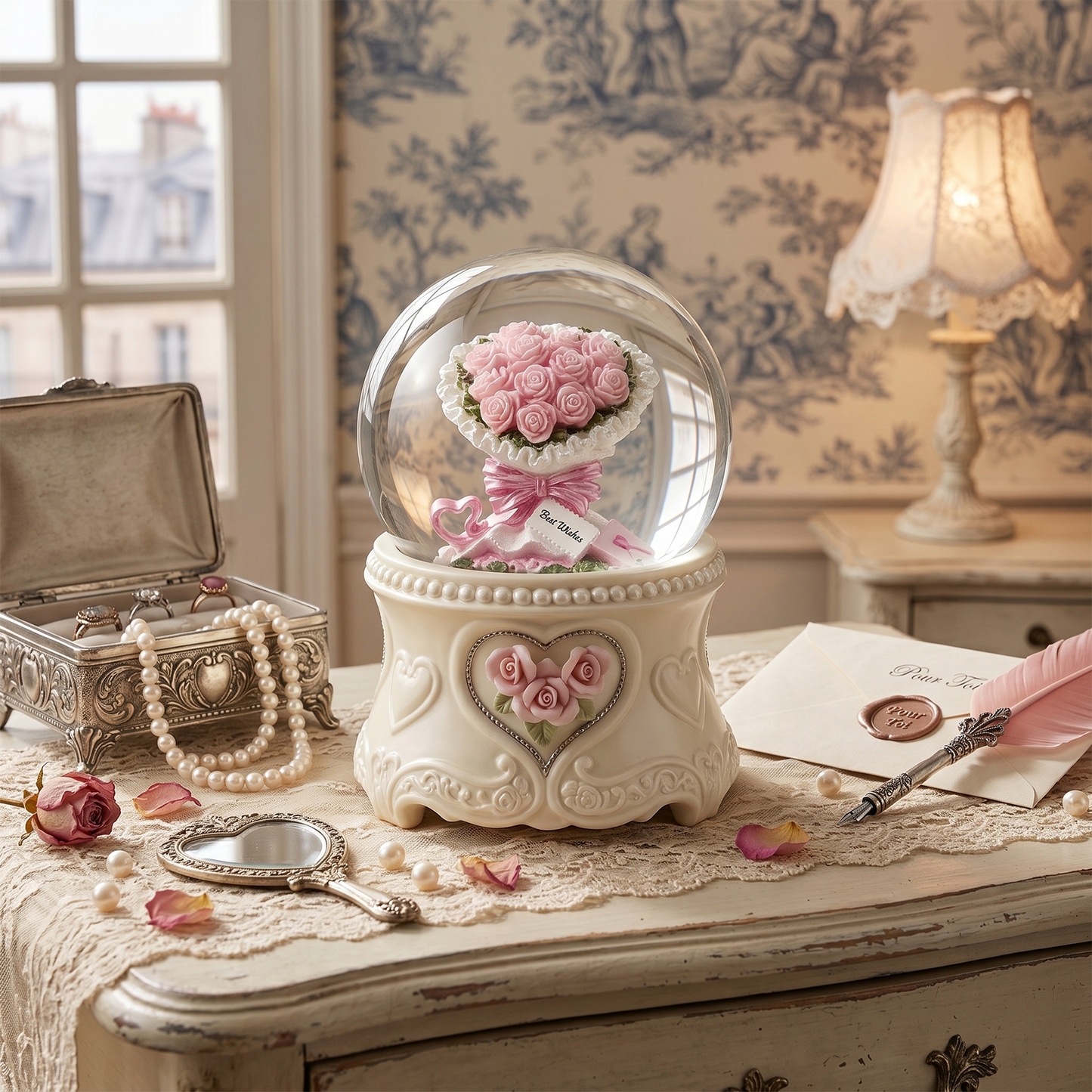 Celestial Serenade™ | Pink Rose Bouquet Snow Globe Music Box