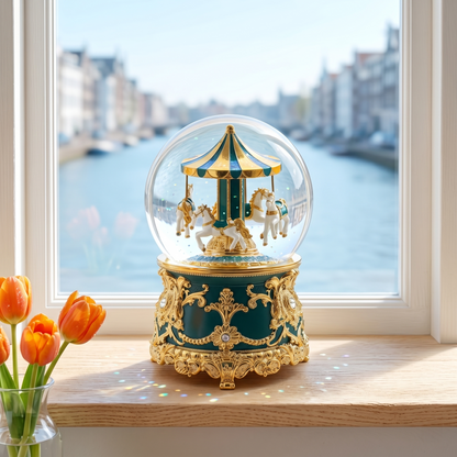 Celestial Serenade™ Teal Gold Carousel Snow Globe Music Box