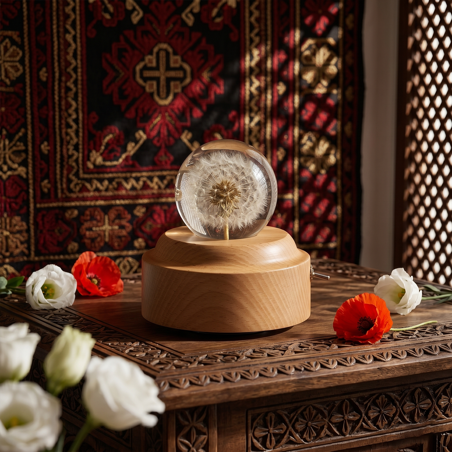Celestial Serenade™ | Dandelion Crystal Ball Music Box | Wooden Base Musical Box