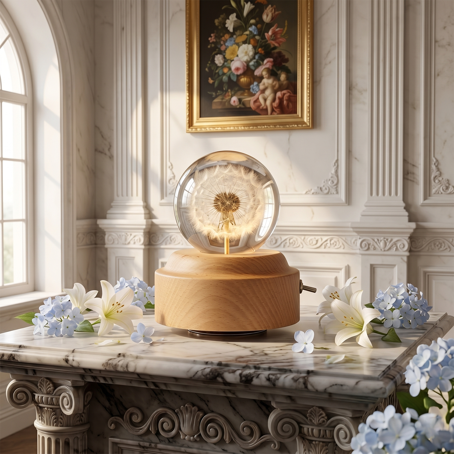 Celestial Serenade™ | Dandelion Crystal Ball Music Box | Wooden Base Musical Box