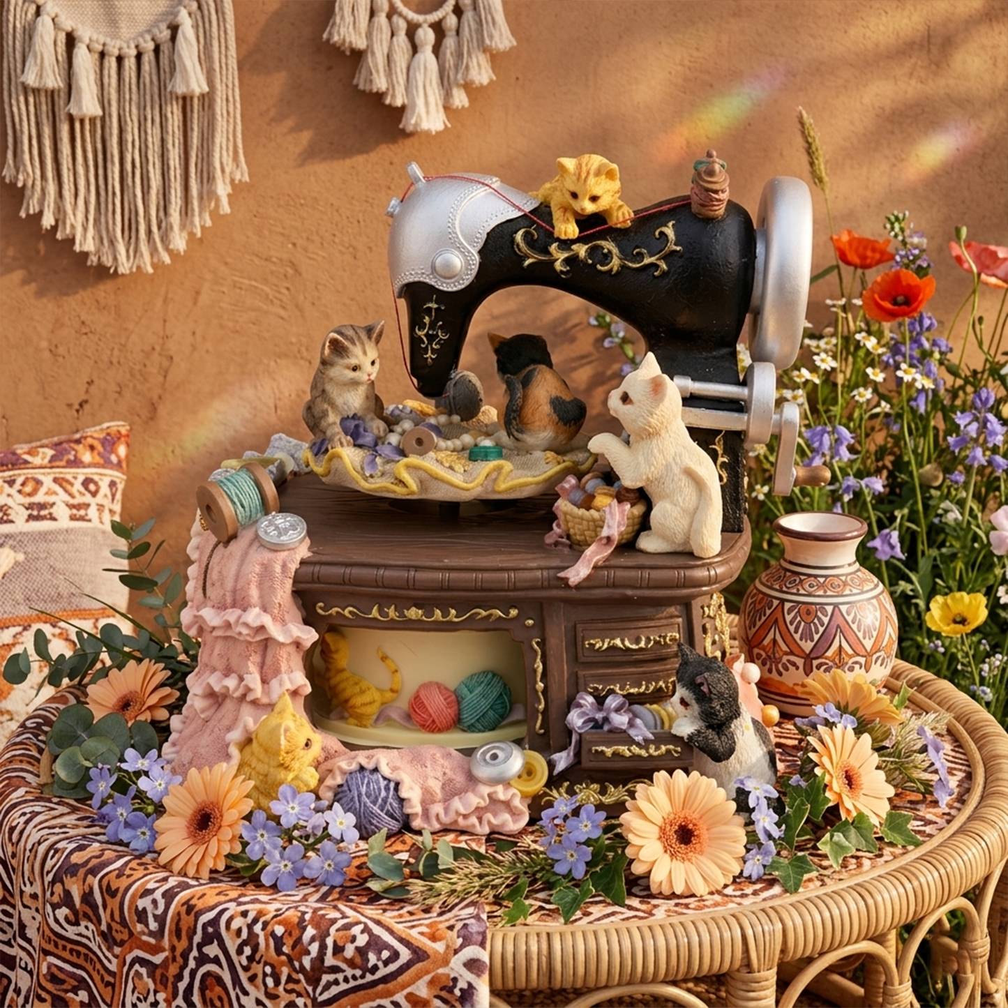 Celestial Serenade | Vintage Cat Sewing Machine Rotating Music Box with Sankyo Movement, Hand-Painted Resin Decor