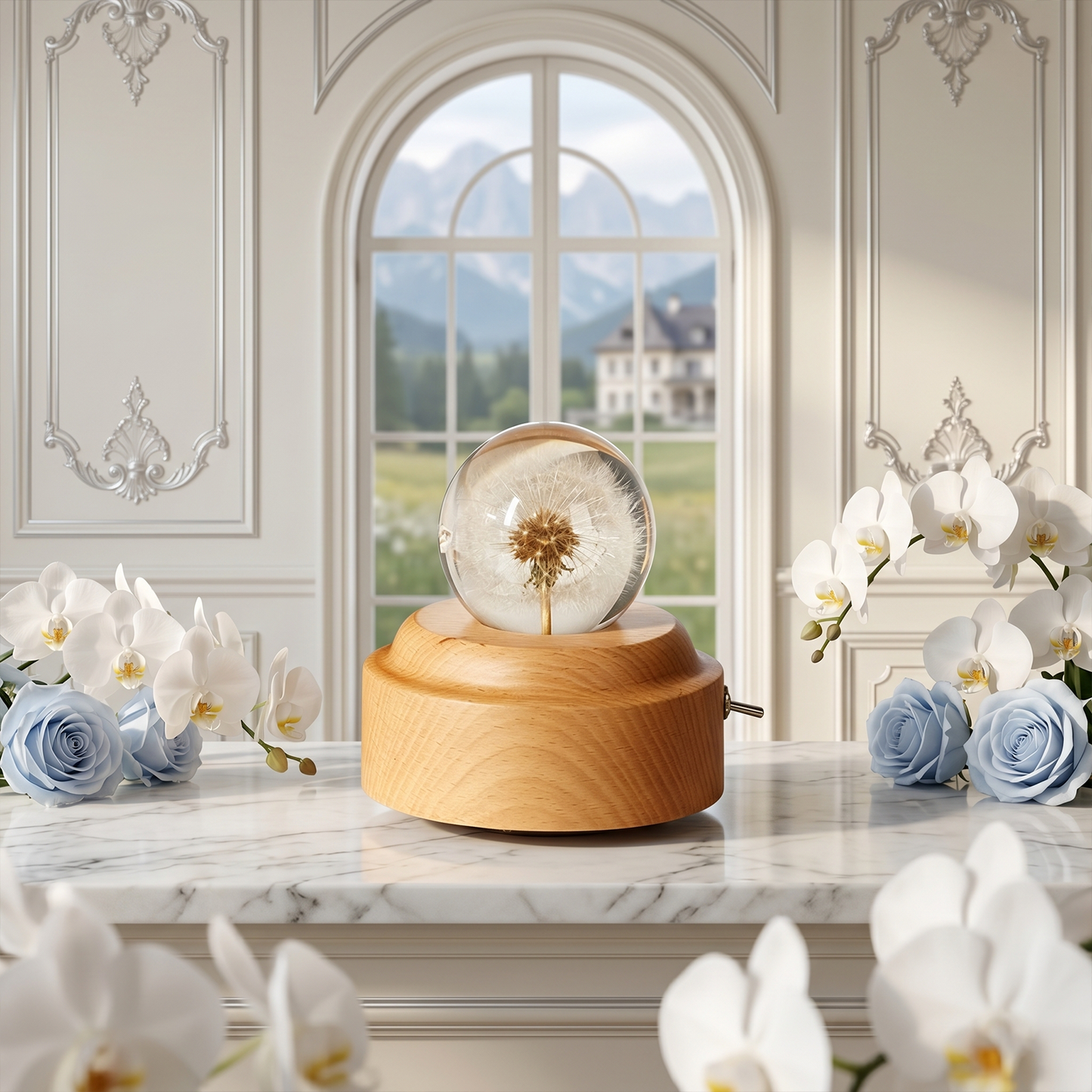 Celestial Serenade™ | Dandelion Crystal Ball Music Box | Wooden Base Musical Box