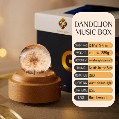 Celestial Serenade™ | Dandelion Crystal Ball Music Box | Wooden Base Musical Box