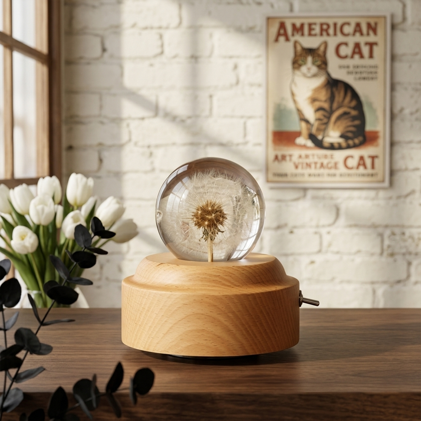 Celestial Serenade™ | Dandelion Crystal Ball Music Box | Wooden Base Musical Box