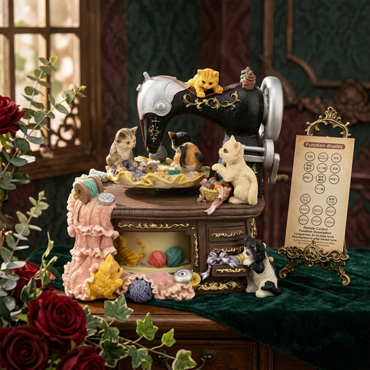 Celestial Serenade | Vintage Cat Sewing Machine Rotating Music Box with Sankyo Movement, Hand-Painted Resin Decor