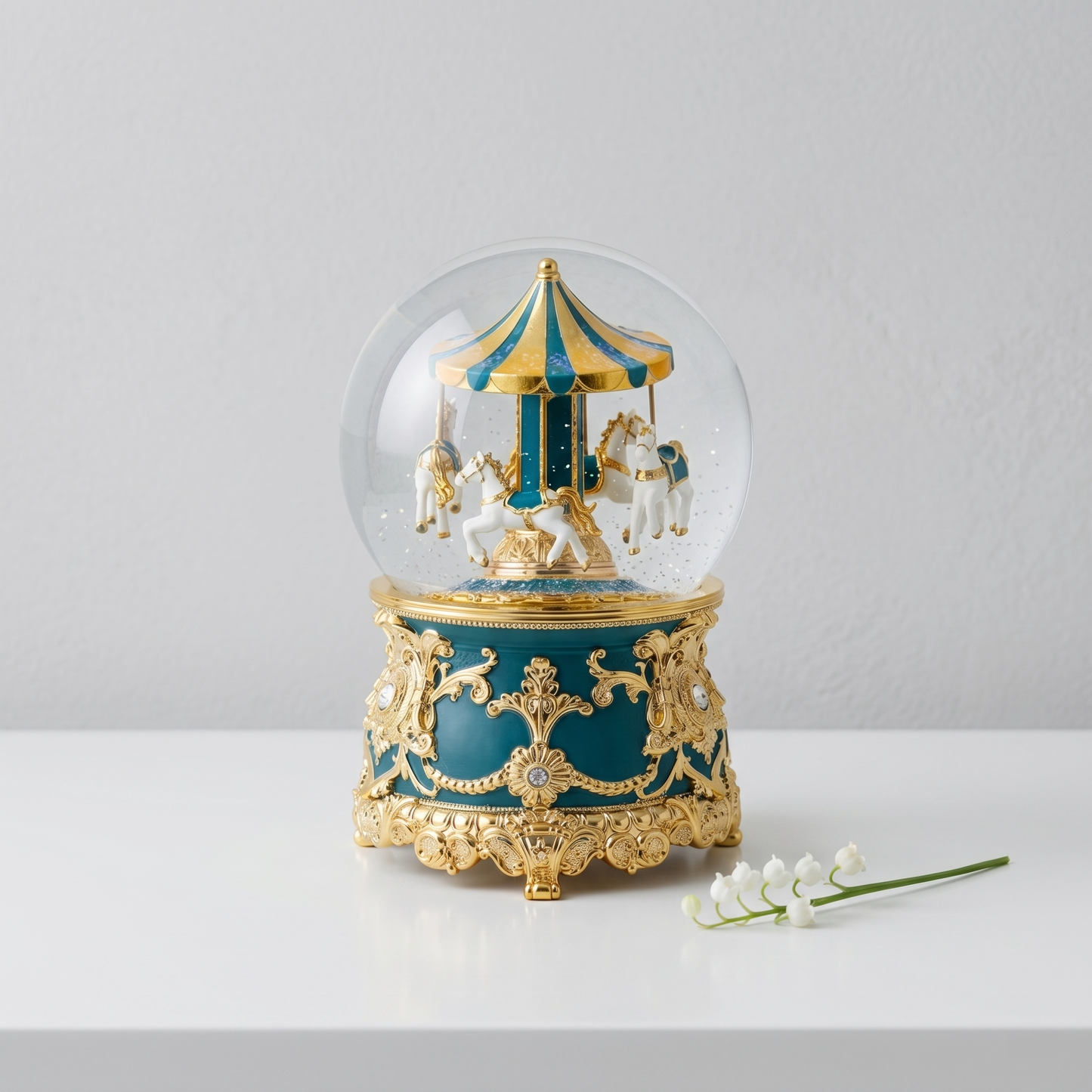 Celestial Serenade™ Teal Gold Carousel Snow Globe Music Box