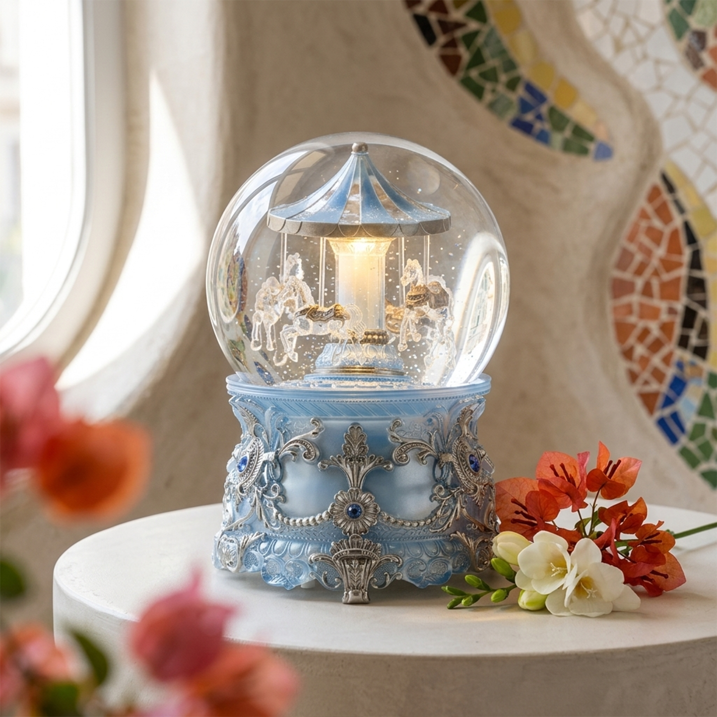 Celestial Serenade™ Moonlight Blue Carousel Snow Globe Music Box