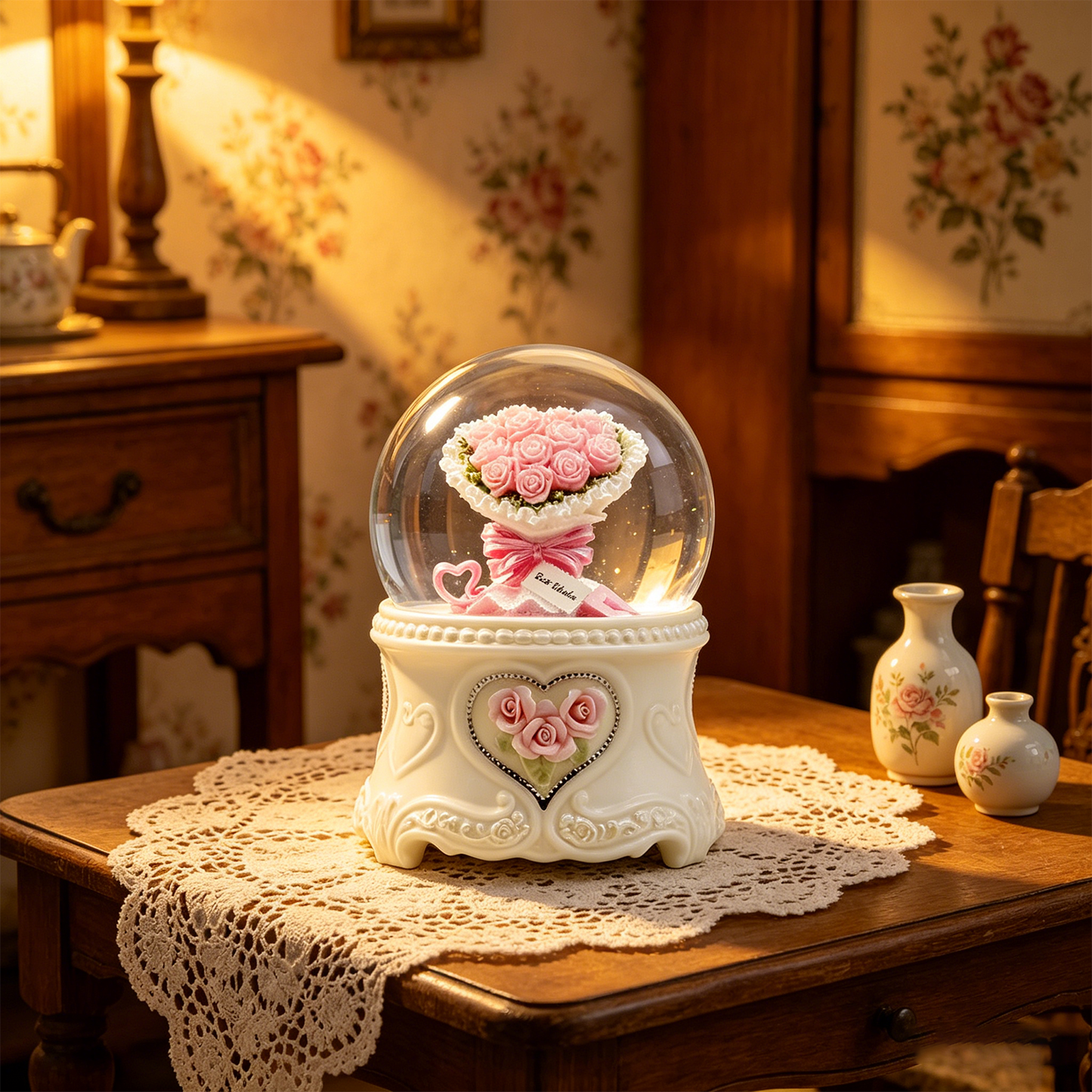 Celestial Serenade™ | Pink Rose Bouquet Snow Globe Music Box