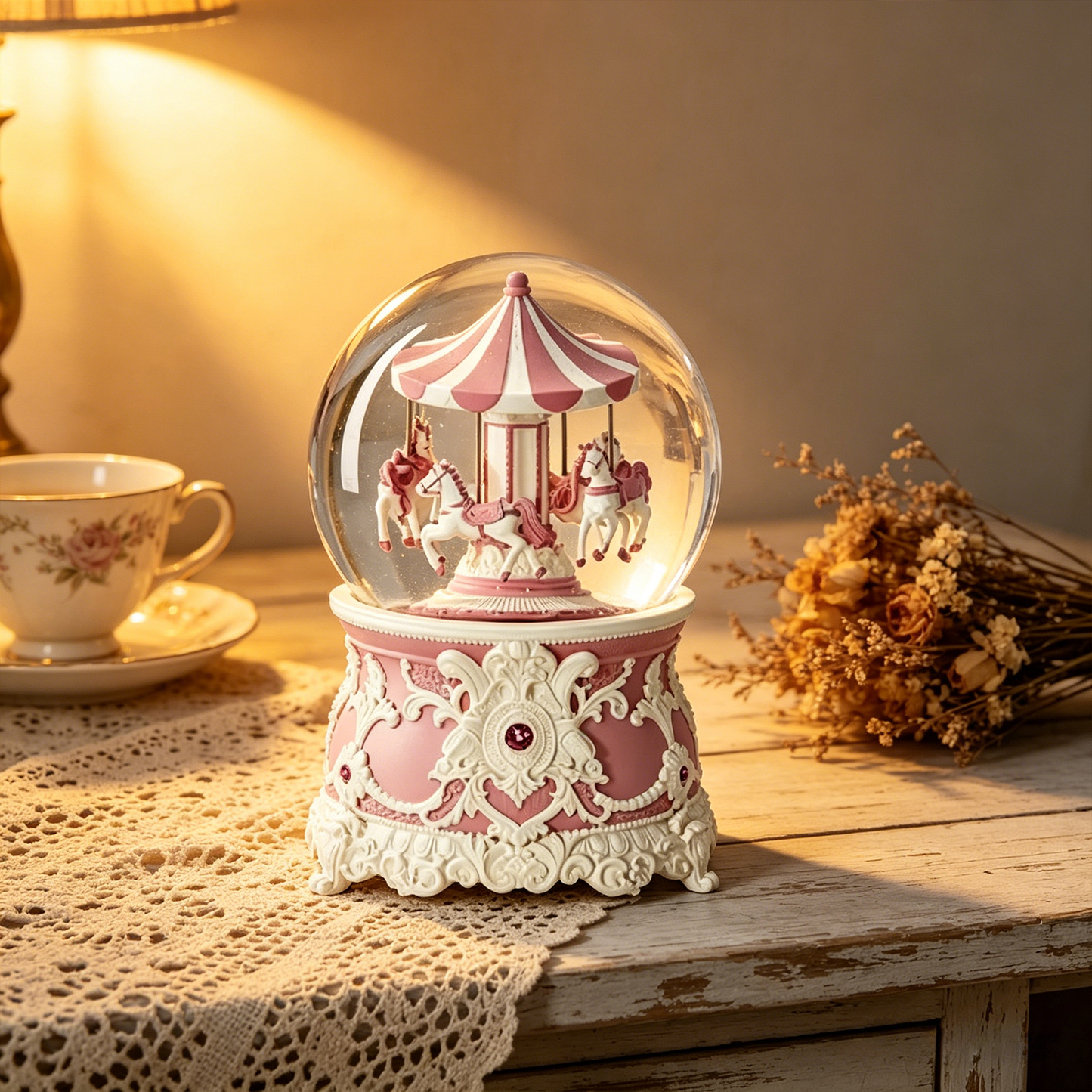 Celestial Serenade™ Pink Carousel Snow Globe Music Box