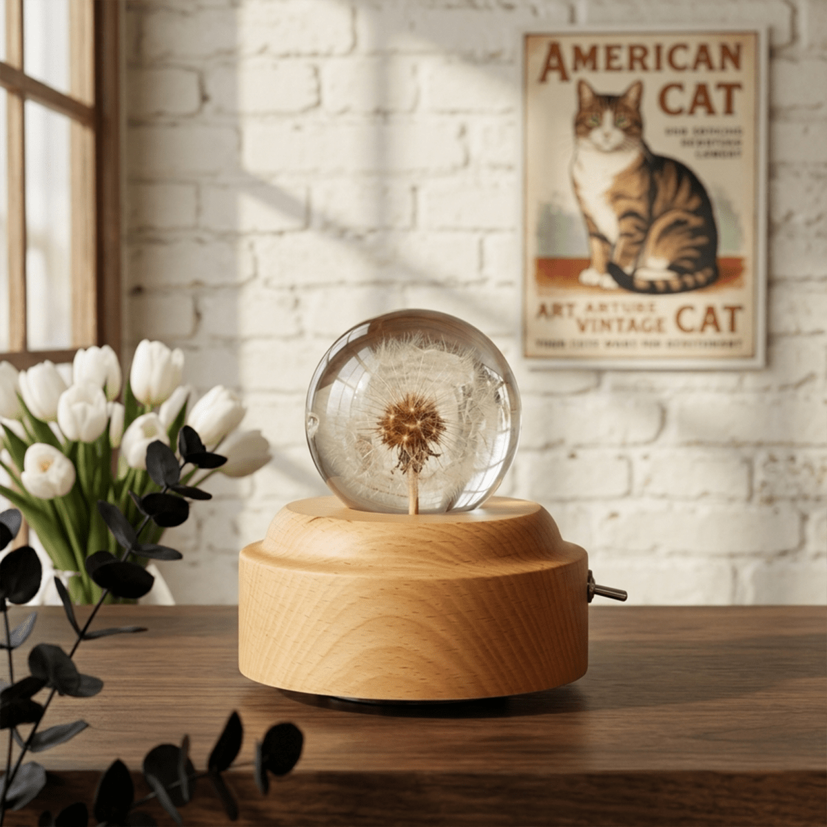 Celestial Serenade™ | Dandelion Crystal Ball Music Box | Wooden Base Musical Box Music Box | Celestial Serenade | Gift & Desk Decor