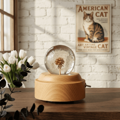 Celestial Serenade™ | Dandelion Crystal Ball Music Box | Wooden Base Musical Box Music Box | Celestial Serenade | Gift & Desk Decor