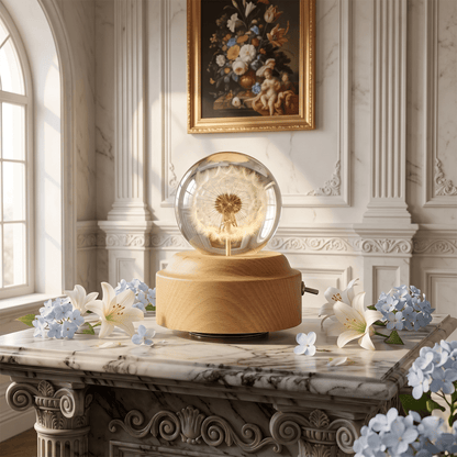 Celestial Serenade™ | Dandelion Crystal Ball Music Box | Wooden Base Musical Box Music Box | Celestial Serenade | Gift & Desk Decor