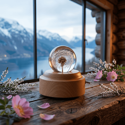 Celestial Serenade™ | Dandelion Crystal Ball Music Box | Wooden Base Musical Box Music Box | Celestial Serenade | Gift & Desk Decor
