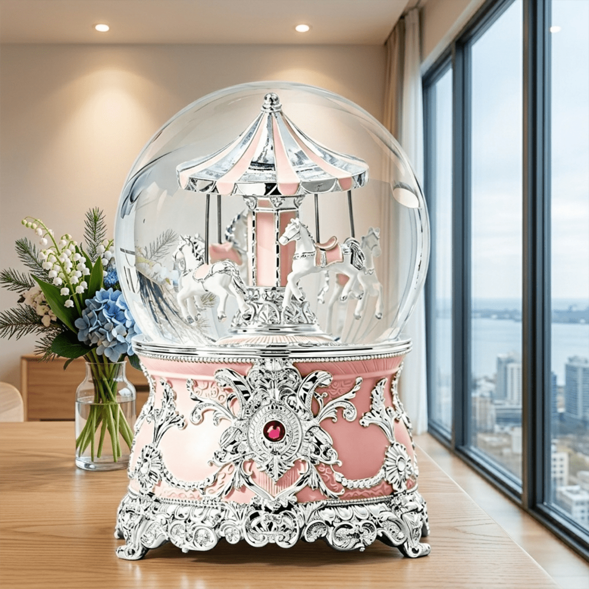 Celestial Serenade™ Multi - Color Carousel Snow Globe Music Box Collection Lavender & Silver Music Box | Celestial Serenade | Gift & Desk Decor