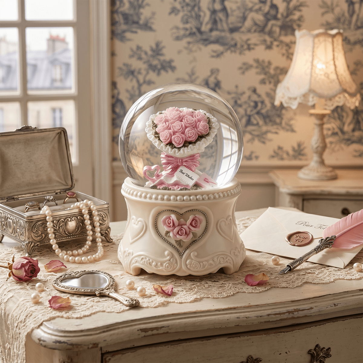 Celestial Serenade™ | Pink Rose Bouquet Snow Globe Music Box Music Box | Celestial Serenade | Gift & Desk Decor