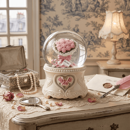 Celestial Serenade™ | Pink Rose Bouquet Snow Globe Music Box Music Box | Celestial Serenade | Gift & Desk Decor