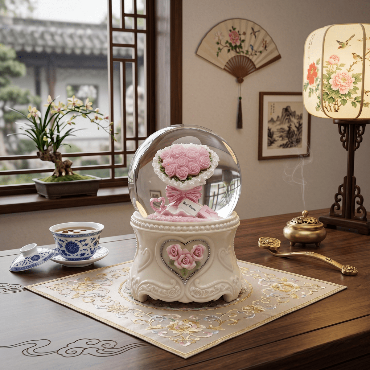 Celestial Serenade™ | Pink Rose Bouquet Snow Globe Music Box Music Box | Celestial Serenade | Gift & Desk Decor