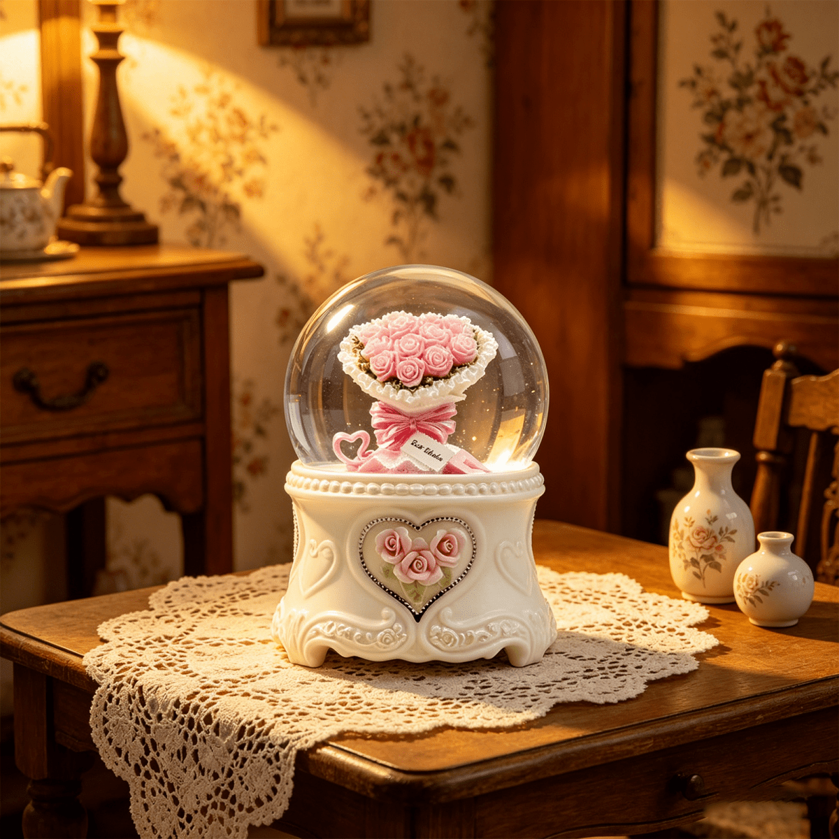 Celestial Serenade™ | Pink Rose Bouquet Snow Globe Music Box Music Box | Celestial Serenade | Gift & Desk Decor