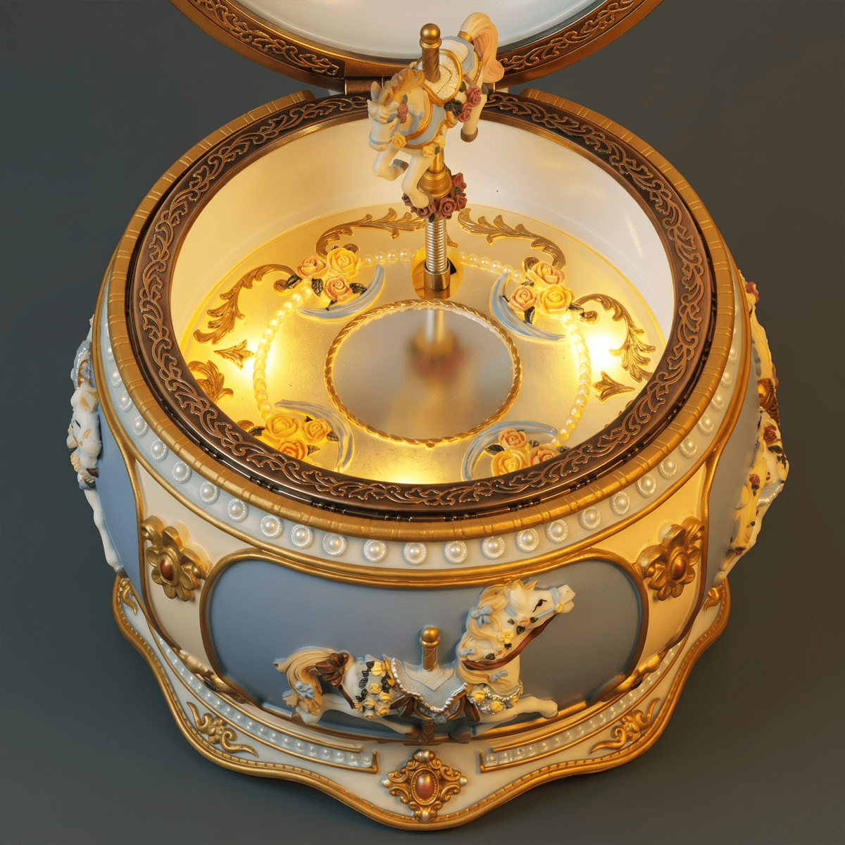 Celestial Serenade™ Rococo Carousel & Ballerina Music Box with LED Lights Castle in the Sky Music Box | Celestial Serenade | Gift & Desk Decor