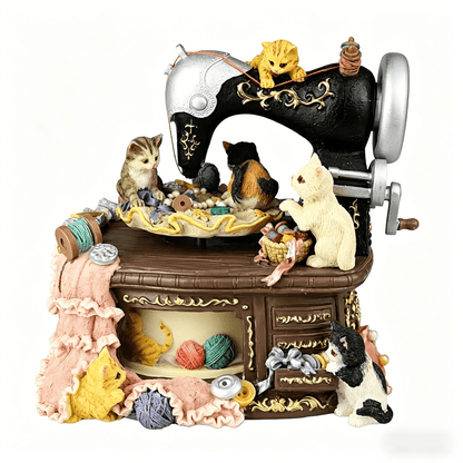 Celestial Serenade | Vintage Cat Sewing Machine Rotating Music Box with Sankyo Movement, Hand - Painted Resin Decor Music Box | Celestial Serenade | Gift & Desk Decor