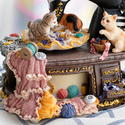 Celestial Serenade | Vintage Cat Sewing Machine Rotating Music Box with Sankyo Movement, Hand - Painted Resin Decor Music Box | Celestial Serenade | Gift & Desk Decor