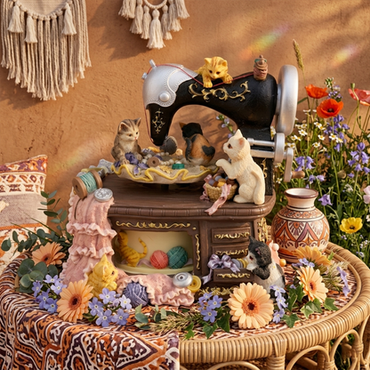 Celestial Serenade | Vintage Cat Sewing Machine Rotating Music Box with Sankyo Movement, Hand - Painted Resin Decor Music Box | Celestial Serenade | Gift & Desk Decor
