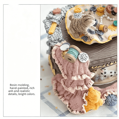 Celestial Serenade | Vintage Cat Sewing Machine Rotating Music Box with Sankyo Movement, Hand - Painted Resin Decor Music Box | Celestial Serenade | Gift & Desk Decor